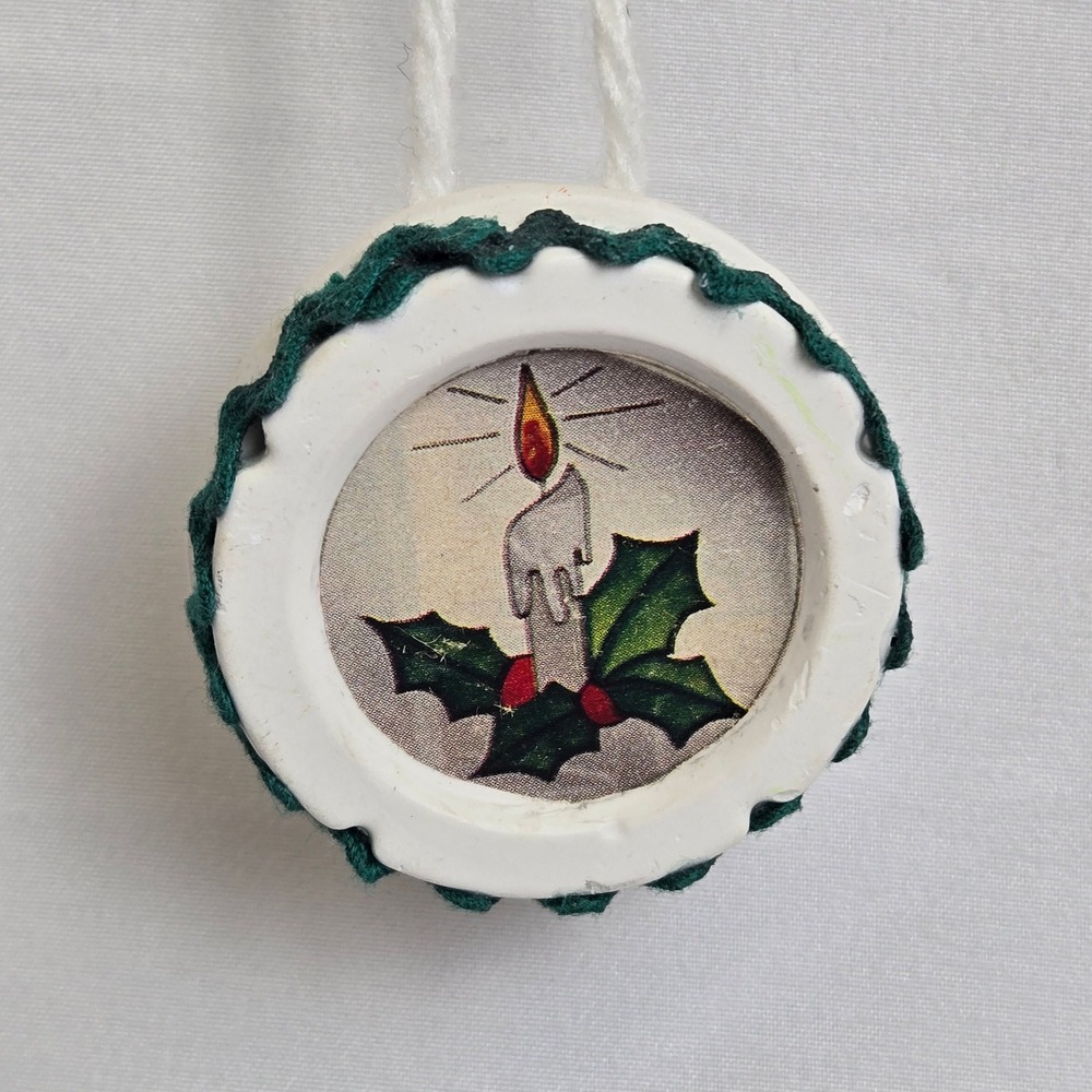 Handmade Candle & Holly Christmas Ornament White Green‎ 1.75"